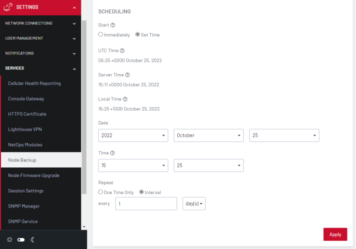 Image of the LIghthouse UI showing how to set up an automated schedule to backup nodes